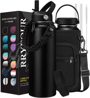 32/40/64 oz Stainless Steel Water Bottles Insulated - with Paracord Handle, Straw Lids, Flex Cap, Bottle Carrier & Silicone Boot, Leek Proof Water Bottle 40 oz Flask Metal Jug Cold 48 Hrs Hot 24 Hrs