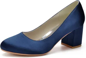 ADMLZQQ Women's Satin Classic Mid Heels Dress Pumps 2.36" Block Chunky Heel Round Toe Office Wedding Shoes