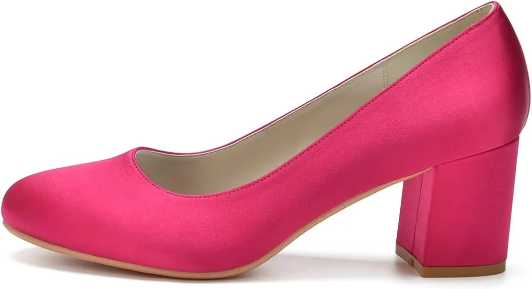 ADMLZQQ Women's Satin Classic Mid Heels Dress Pumps 2.36" Block Chunky Heel Round Toe Office Wedding Shoes