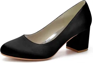 ADMLZQQ Women's Satin Classic Mid Heels Dress Pumps 2.36" Block Chunky Heel Round Toe Office Wedding Shoes
