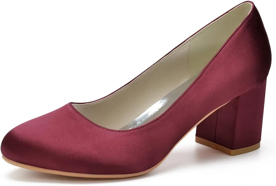 ADMLZQQ Women's Satin Classic Mid Heels Dress Pumps 2.36" Block Chunky Heel Round Toe Office Wedding Shoes