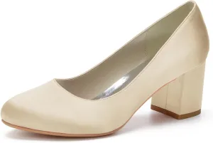 ADMLZQQ Women's Satin Classic Mid Heels Dress Pumps 2.36" Block Chunky Heel Round Toe Office Wedding Shoes