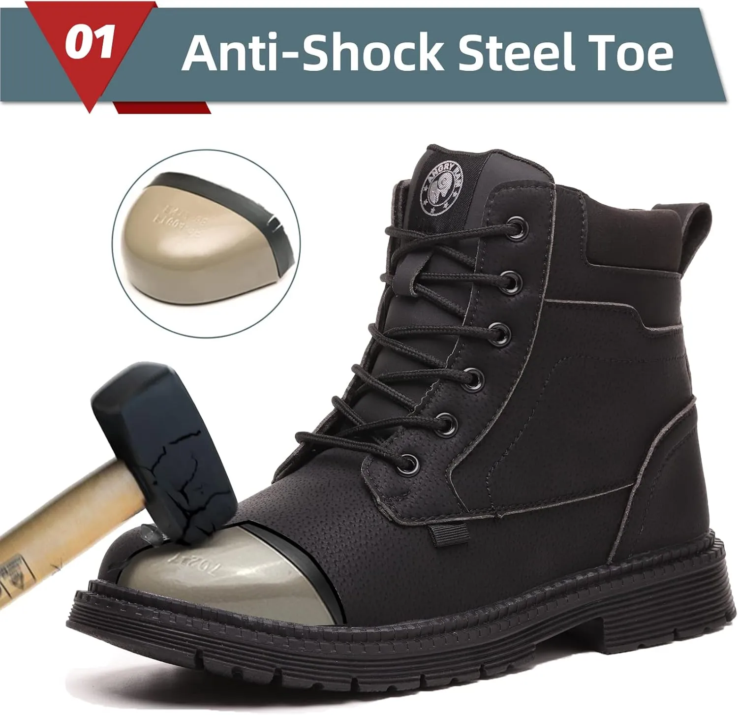 ANGRYRAM Steel Toe Boots for Men Comfortable Waterproof Construction Work Boots for Men Slip Resistant Lightweight Safety Shoes Botas de Trabajo Seguridad para Hombre