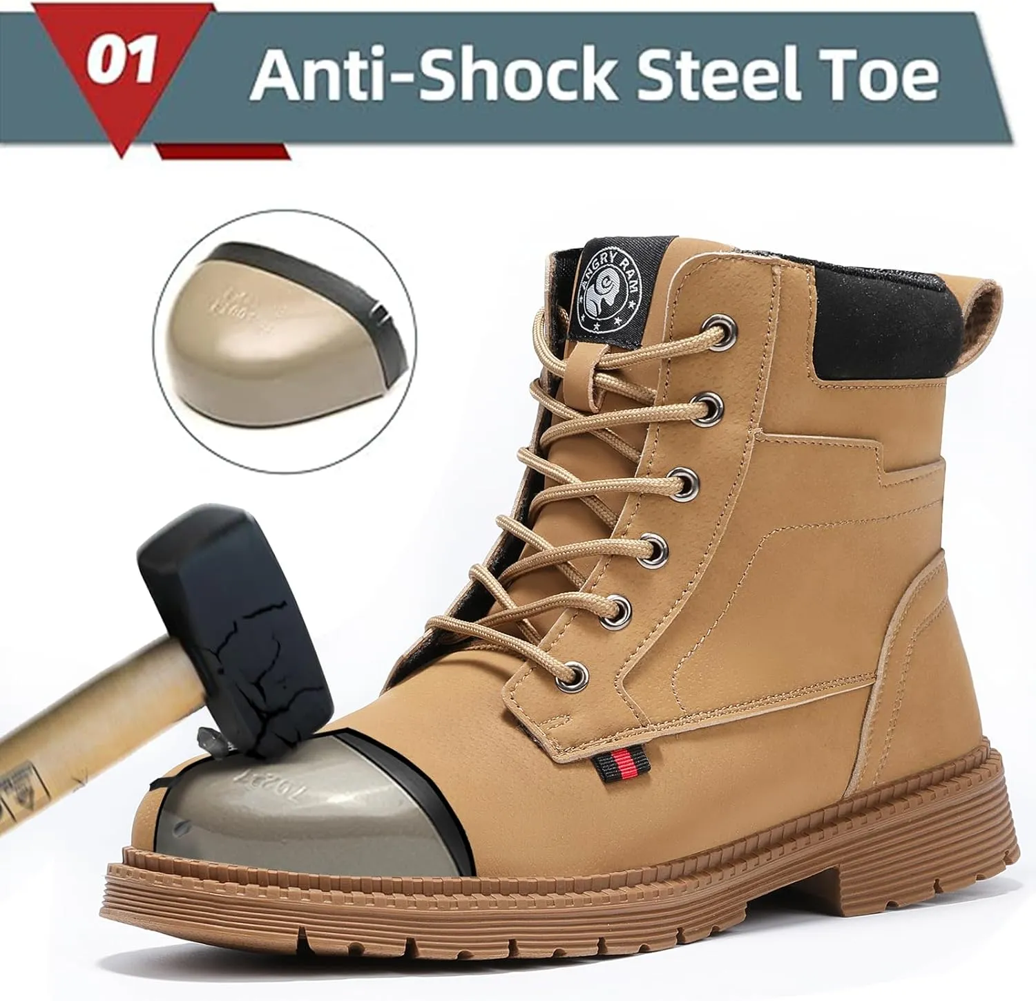 ANGRYRAM Steel Toe Boots for Men Comfortable Waterproof Construction Work Boots for Men Slip Resistant Lightweight Safety Shoes Botas de Trabajo Seguridad para Hombre