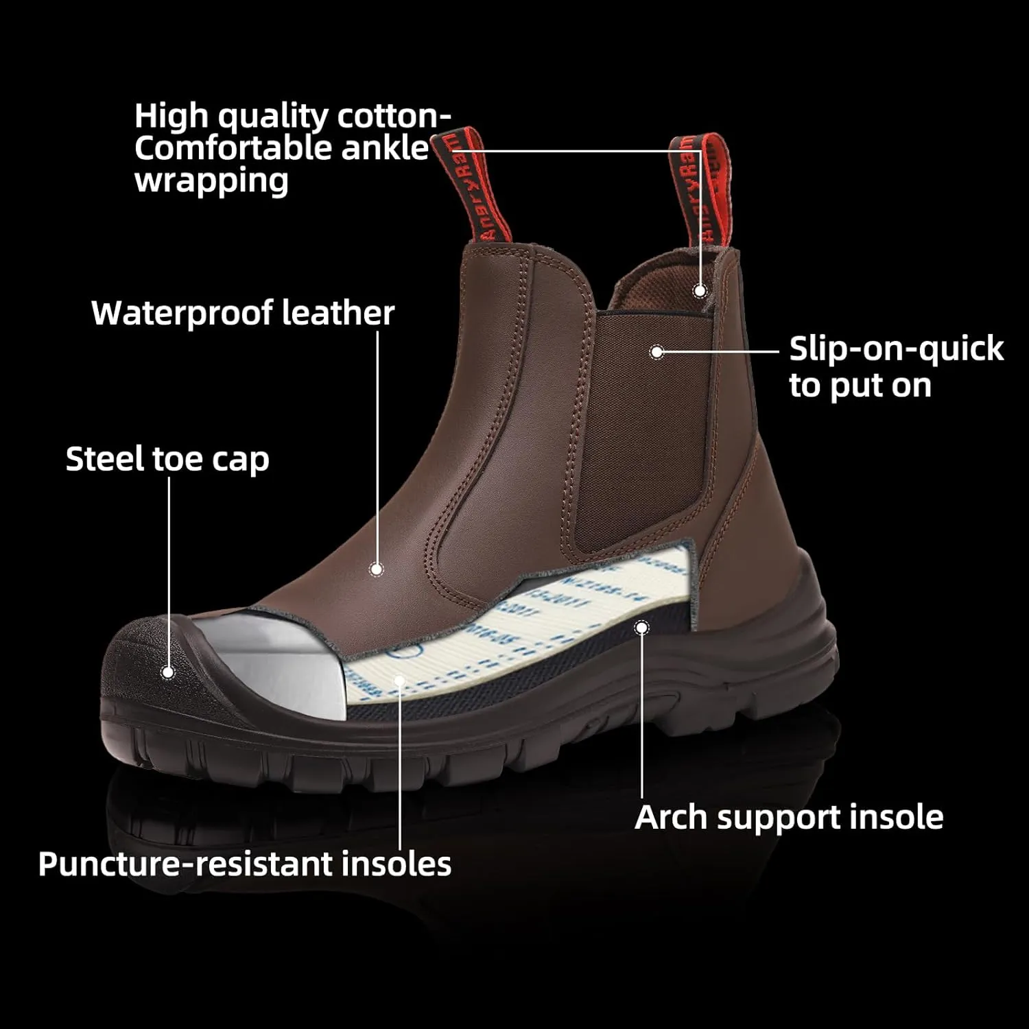 ANGRYRAM Steel Toe Slip on Work Boots for Men Waterproof Chelsea Industrial & Construction Shoes, Lightweight Comfortable Slip Resistant Safety boots