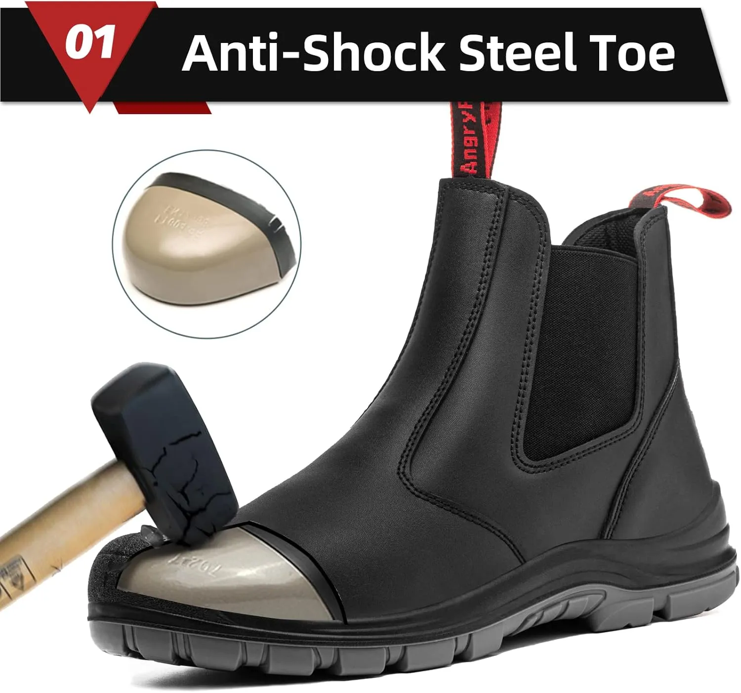 ANGRYRAM Steel Toe Slip on Work Boots for Men Waterproof Chelsea Industrial & Construction Shoes, Lightweight Comfortable Slip Resistant Safety boots