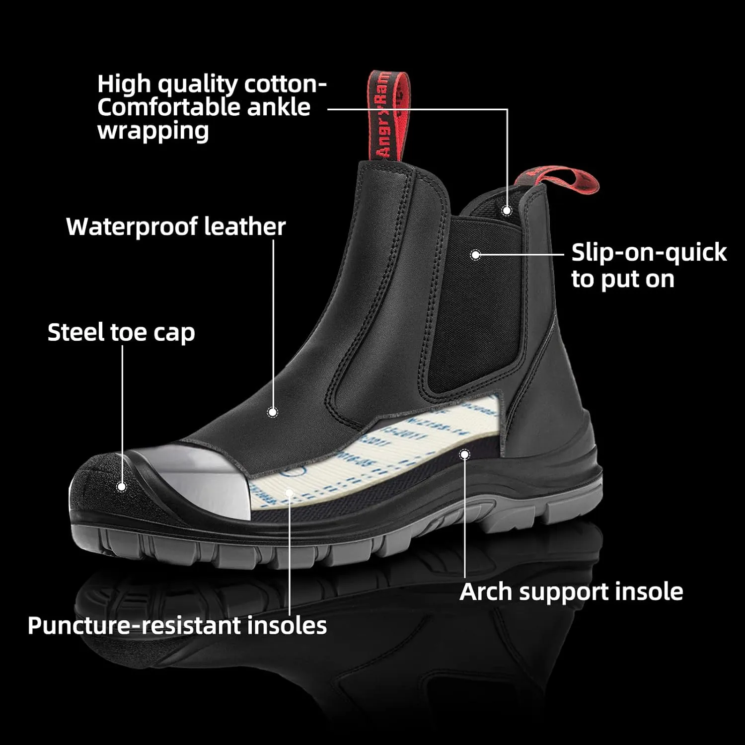 ANGRYRAM Steel Toe Slip on Work Boots for Men Waterproof Chelsea Industrial & Construction Shoes, Lightweight Comfortable Slip Resistant Safety boots