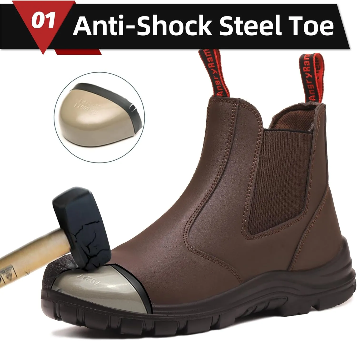 ANGRYRAM Steel Toe Slip on Work Boots for Men Waterproof Chelsea Industrial & Construction Shoes, Lightweight Comfortable Slip Resistant Safety boots