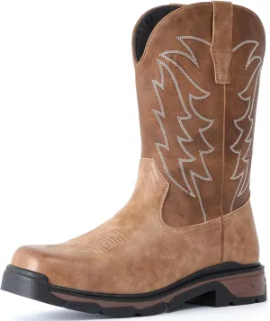 ANGRYRAM Steel Toe Work Boots for Men Waterproof Puncture Resistant Construction Safety Shoes Men's Slip on Square Toe Cowboy Boots