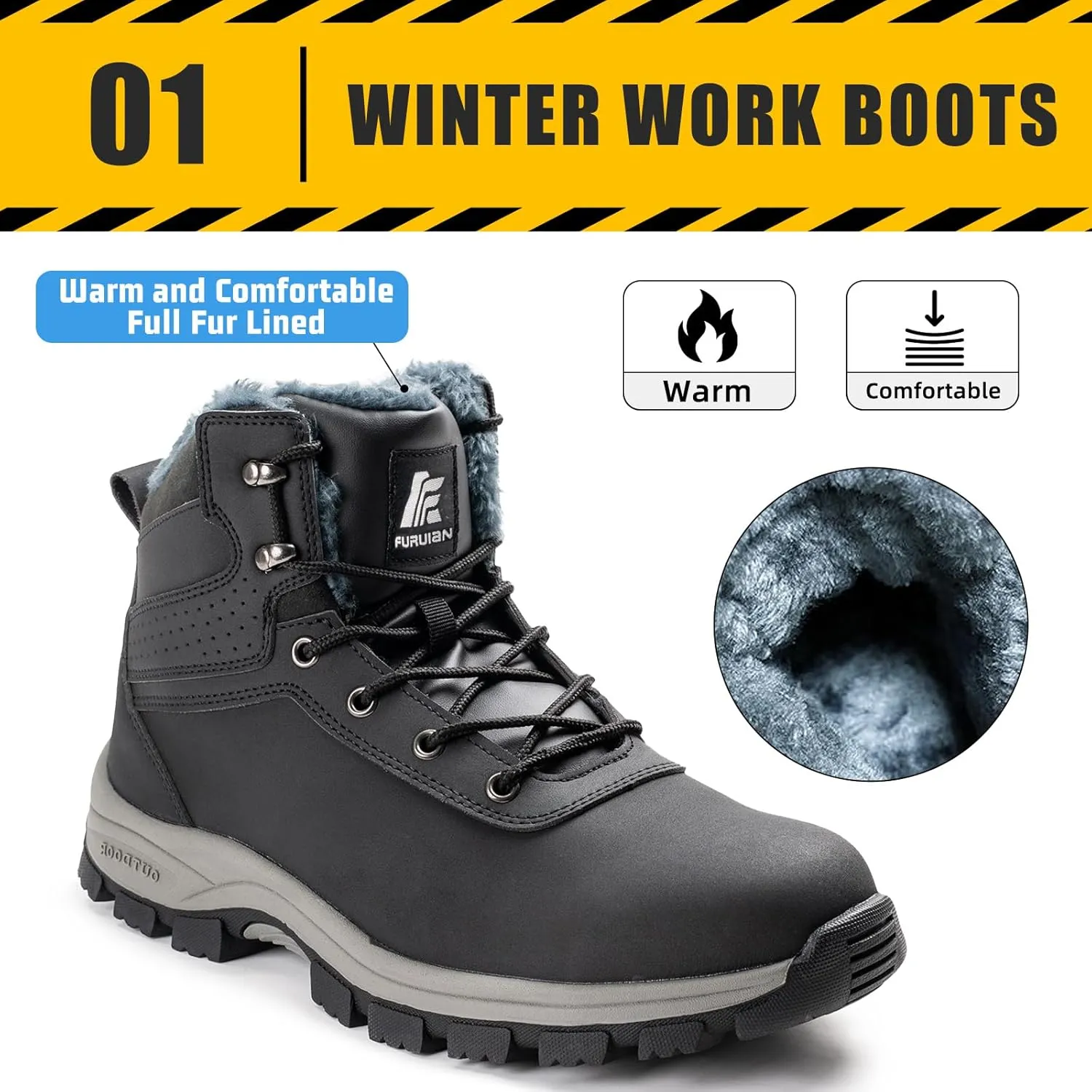 ANGRYRAM Winter Steel Toe Boots for Men Snow Work Boots Slip Resistant Safety Shoes Indestructible Industrial Construction Working Boots Warm Cozy