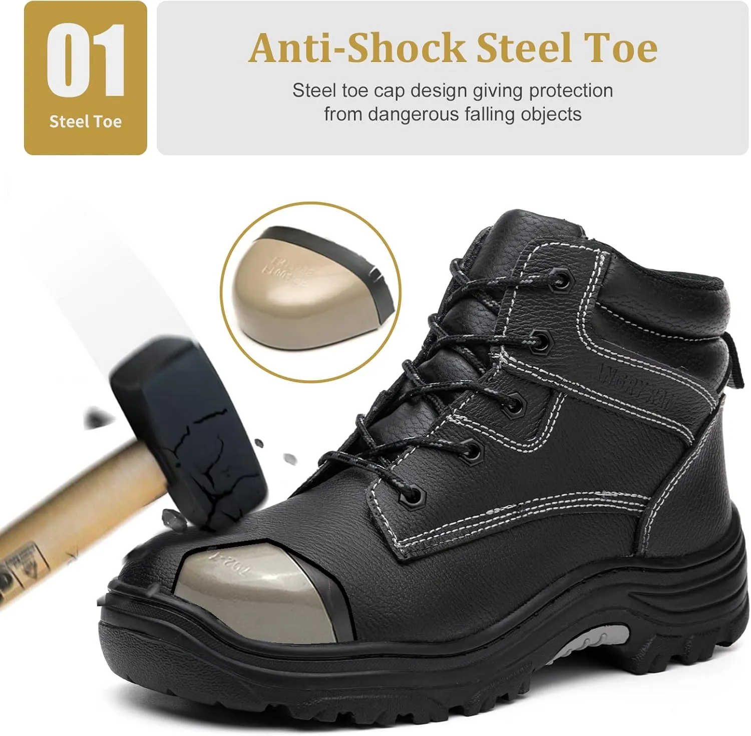 ANGRYRAM Work Boots for Men Steel Toe Boots Lightweight Indestructible Construction Safety Boots