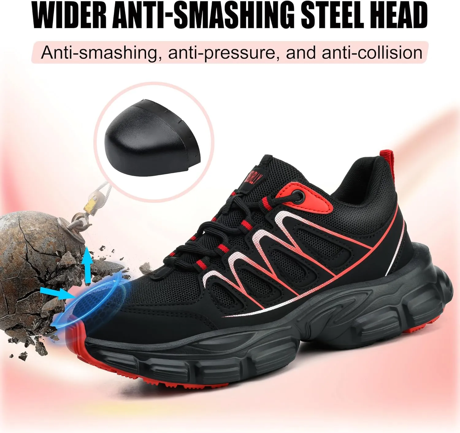 Asiman Steel Toe Shoes for Women Pink Safety Toe Shoes Breathable Lightweight Composite Work Sneakers
