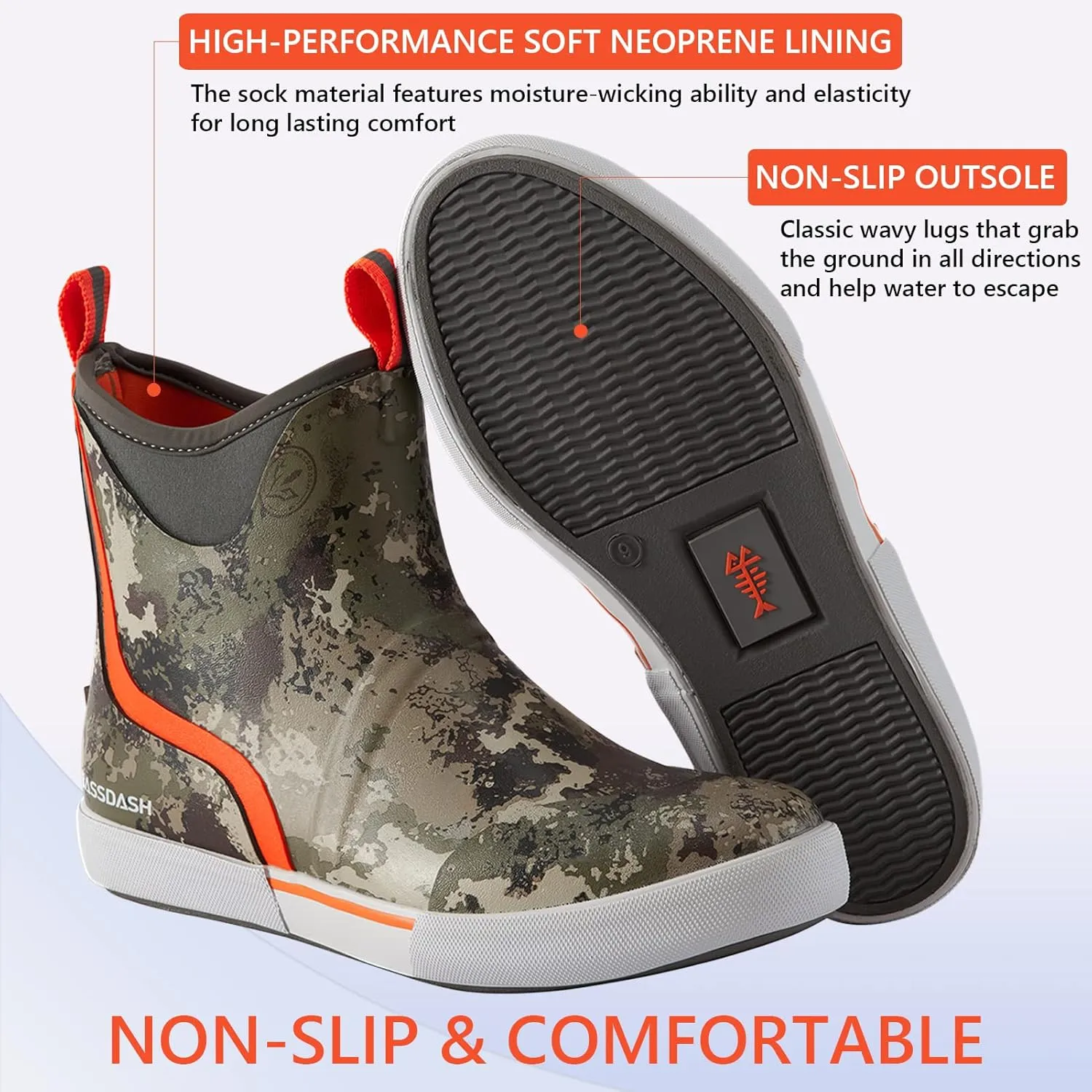 BASSDASH Men’s 6" Waterproof Deck Boots with Breathable Lining Anti-slip Neoprene Rubber Ankle Rain Boots for Fishing Boating