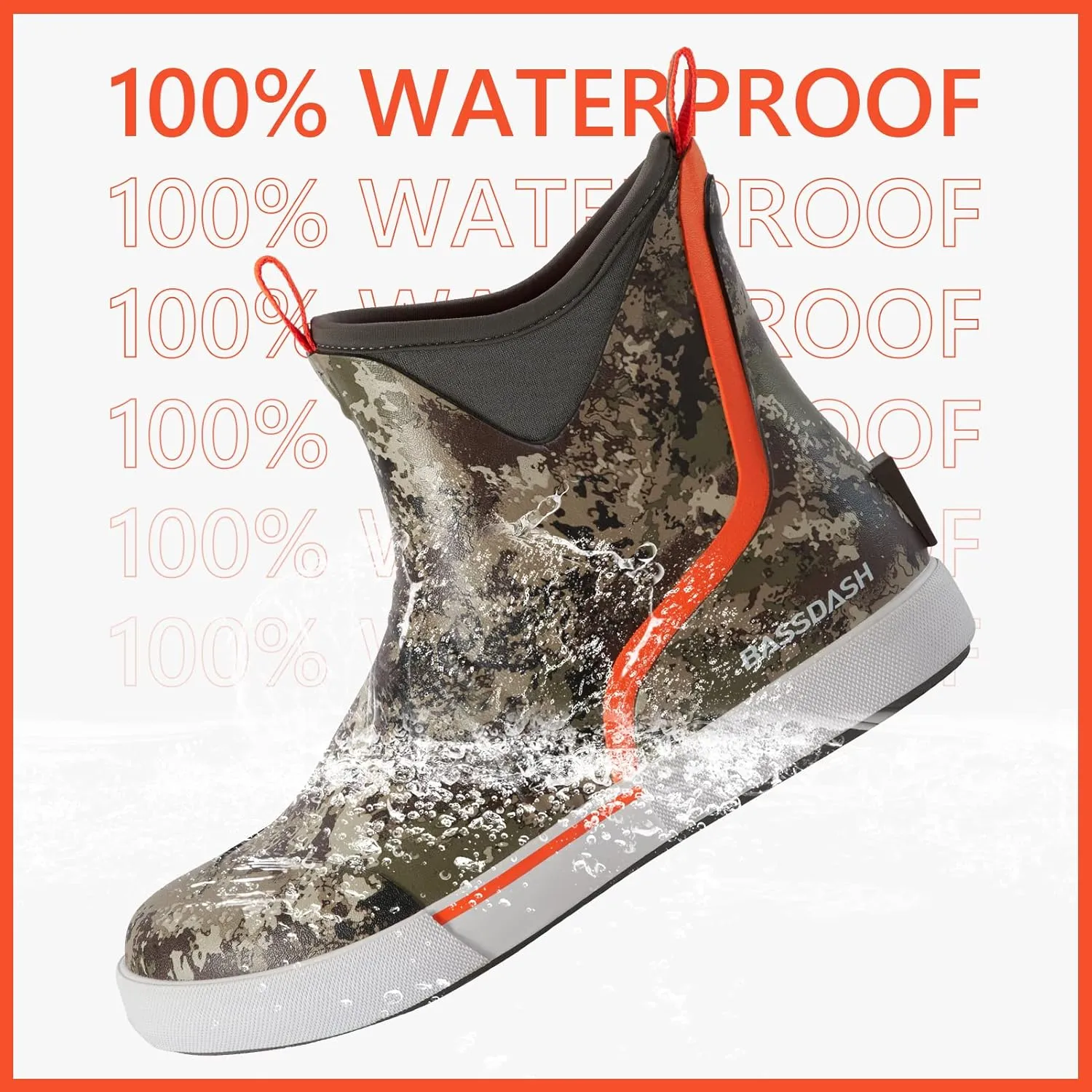 BASSDASH Men’s 6" Waterproof Deck Boots with Breathable Lining Anti-slip Neoprene Rubber Ankle Rain Boots for Fishing Boating