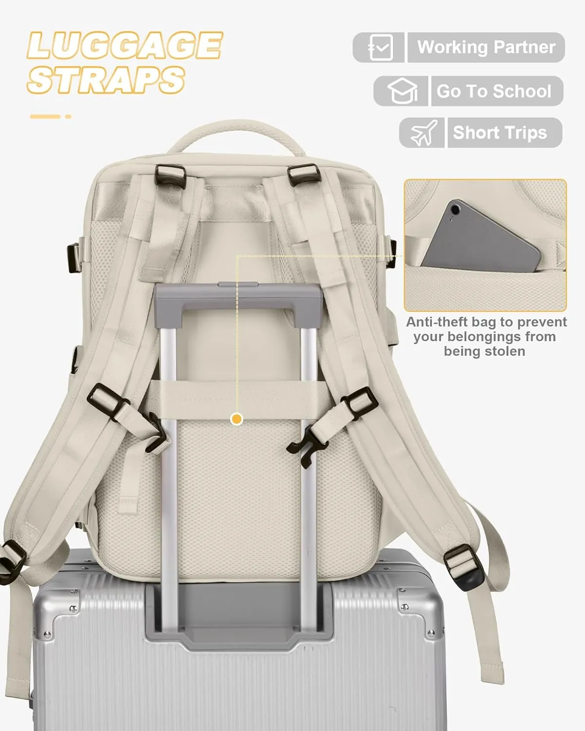 Beige Travel Backpack For Women Men Airline Approved Carry On Backpack For Airplanes Personal Item Bag For Airlines Backpack For Traveling On Airplane Waterproof Gym Backpack Weekender Travel Bag
