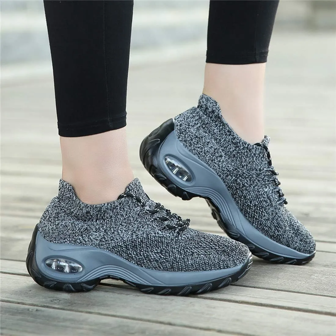CHICLOVEY Women's Mesh Wedges Platform Loafers Lace-up Air Cushion Running Dance Shoes