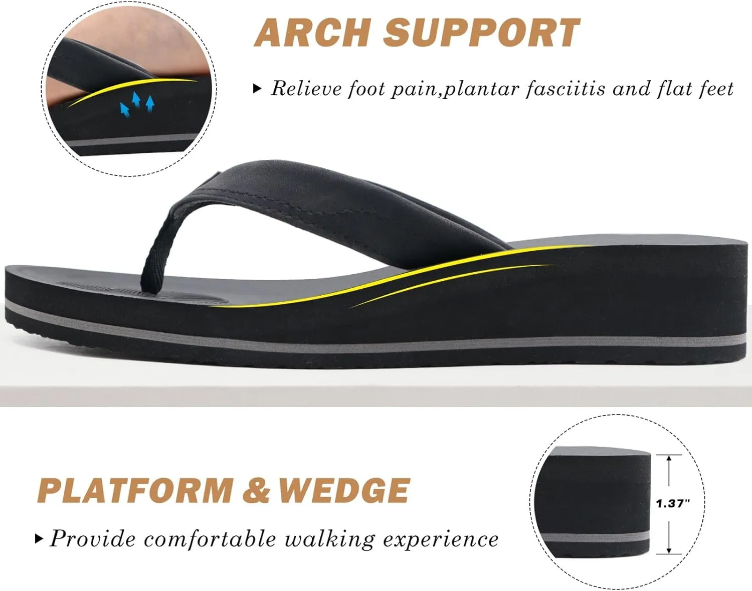 COFACE Flip Flops for Women With Comfortable Arch Support Ladies Fashion Platform Thong Sandals Soft Yoga Mat Sole For Beach/Indoor Outdoor