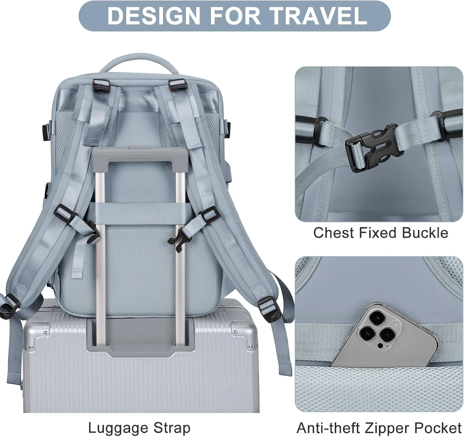 coofay Large Travel Backpack For Women Men Airline Approved Carry On Backpack Flight Approved Waterproof Sports Luggage Backpack Casual Daypack Hiking Backpack Grey Blue