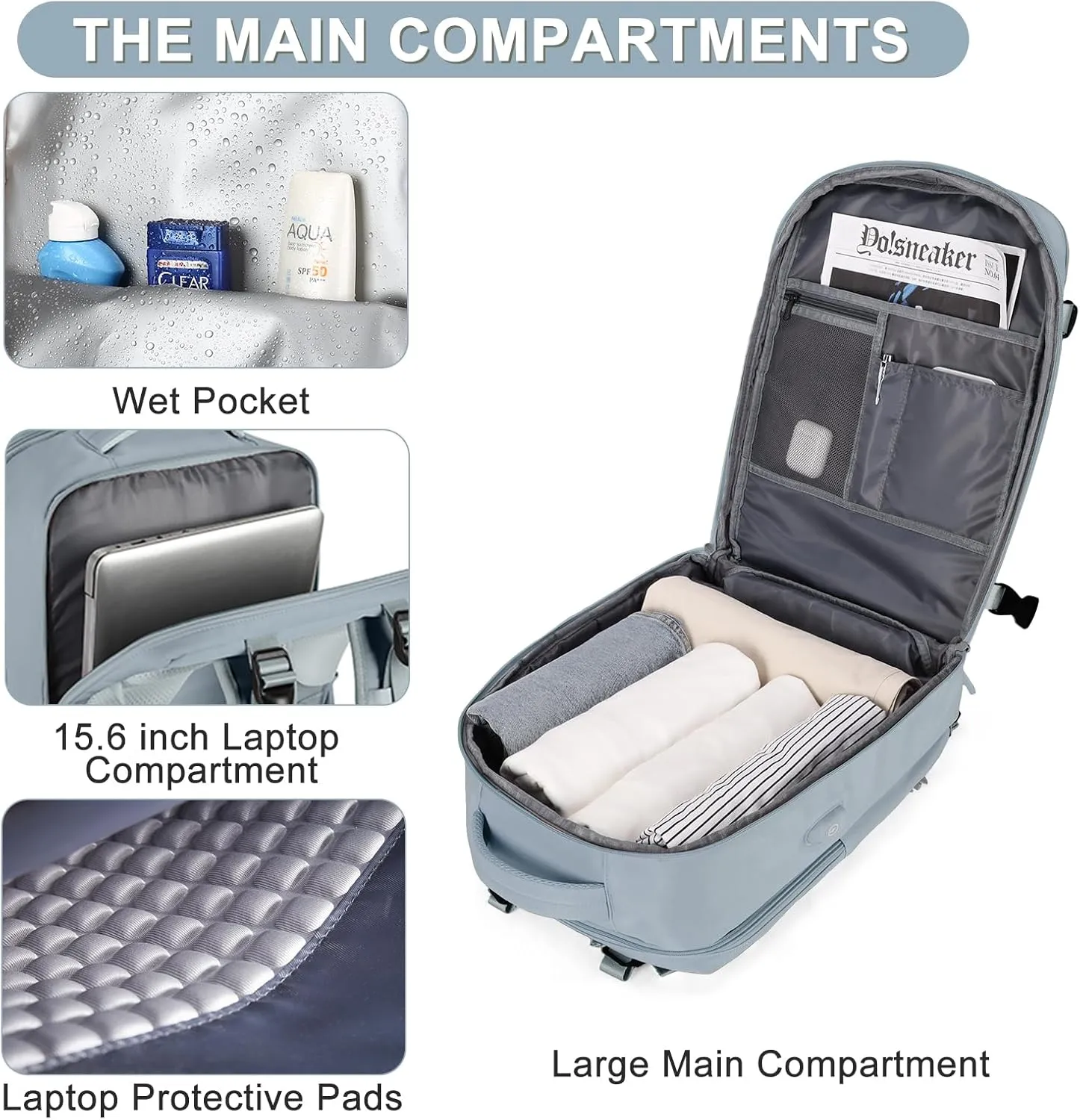 coofay Large Travel Backpack For Women Men Airline Approved Carry On Backpack Flight Approved Waterproof Sports Luggage Backpack Casual Daypack Hiking Backpack Grey Blue