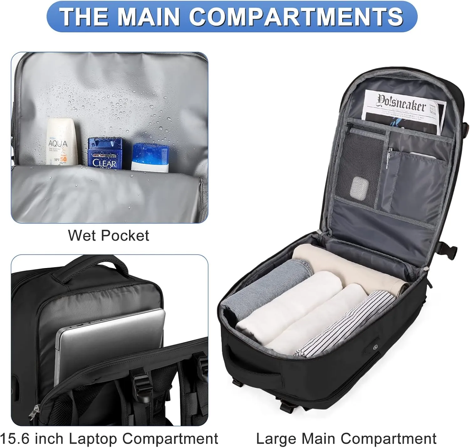 coofay Large Travel Backpack For Women Men Airline Approved Carry On Flight Luggage Waterproof Sports Casual Daypack Small For Hiking Black
