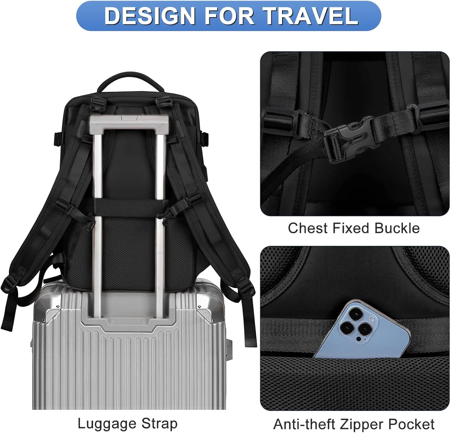 coofay Large Travel Backpack For Women Men Airline Approved Carry On Flight Luggage Waterproof Sports Casual Daypack Small For Hiking Black