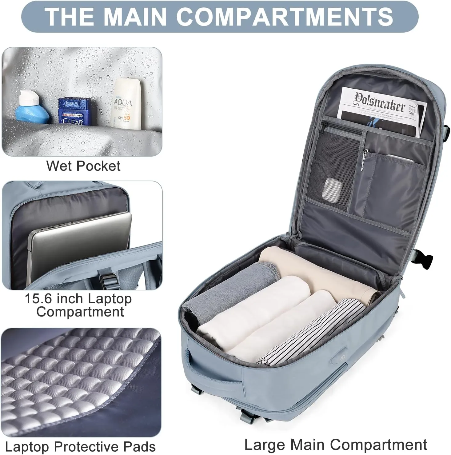 coofay Travel Backpack For Women Men Airline Approved Carry On Backpack Flight Approved Waterproof Sports Luggage Backpack Casual Daypack Small Hiking Backpack Grey Blue