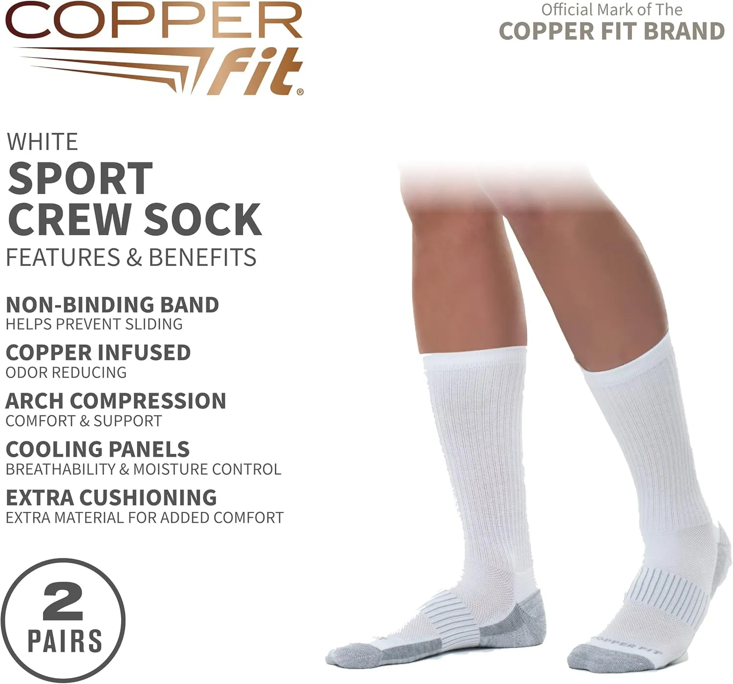 Copper Fit Unisex Crew Length Sport Socks, 2 Pair