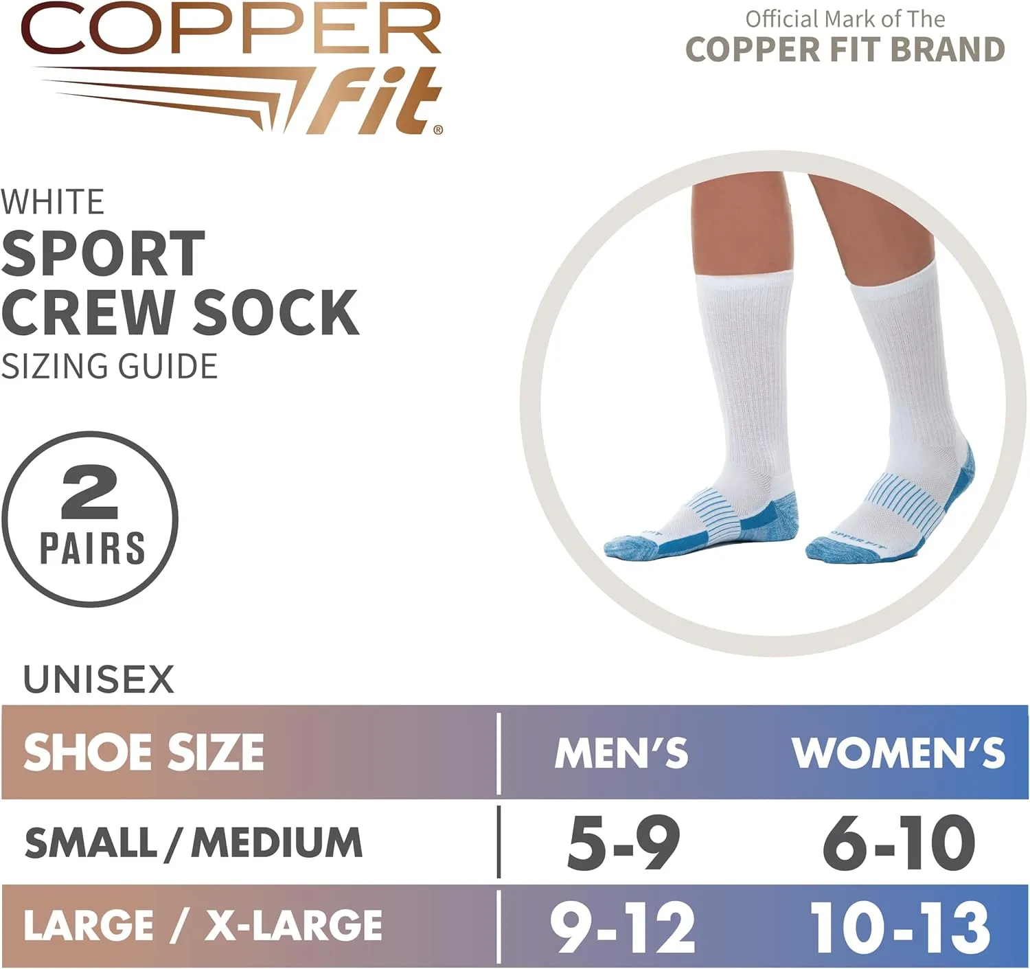 Copper Fit Unisex Crew Length Sport Socks, 2 Pair