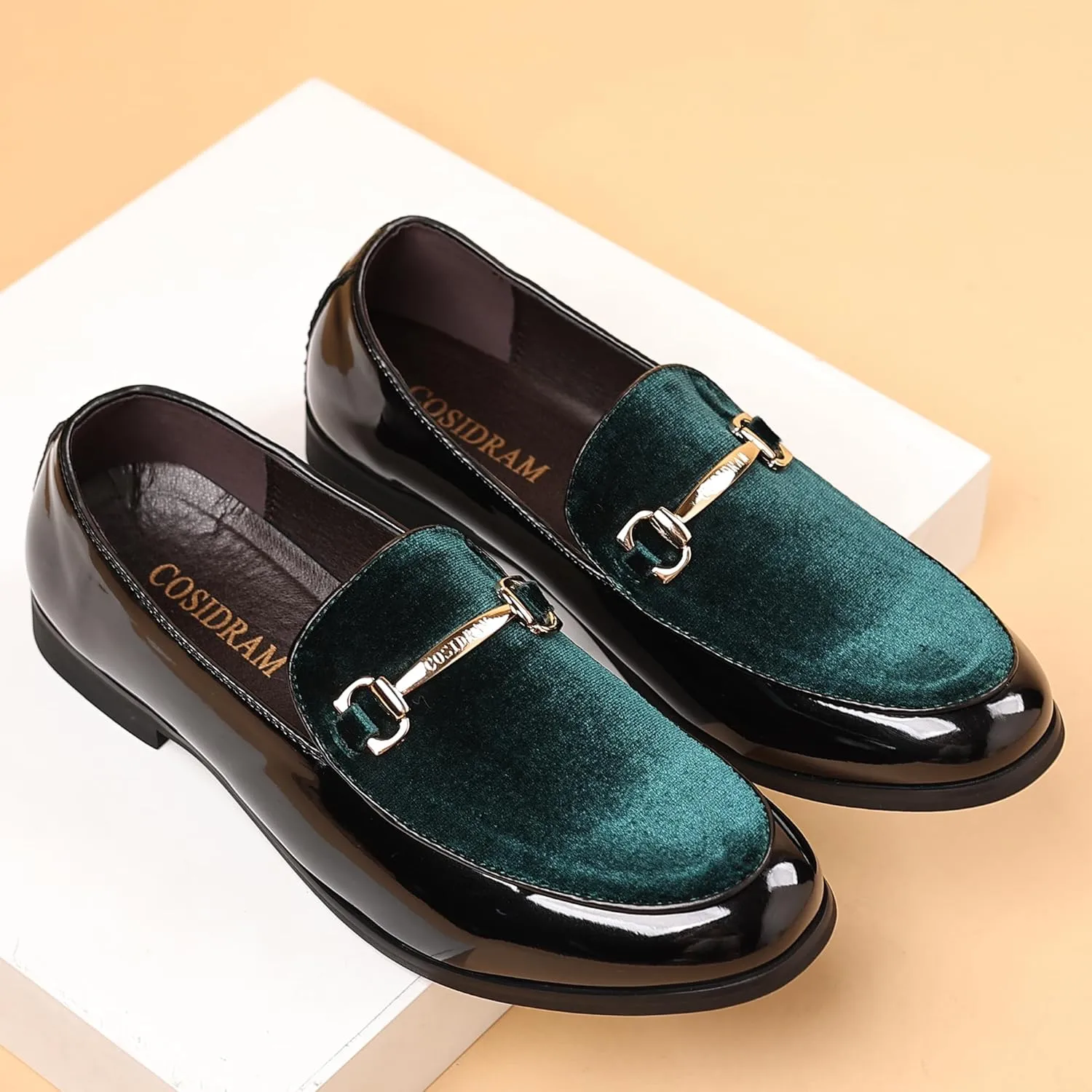 COSIDRAM Men's Casual Shoes Fashion Velvet Patent Leather Loafers Classic Gold Buckle Business Party Shoes