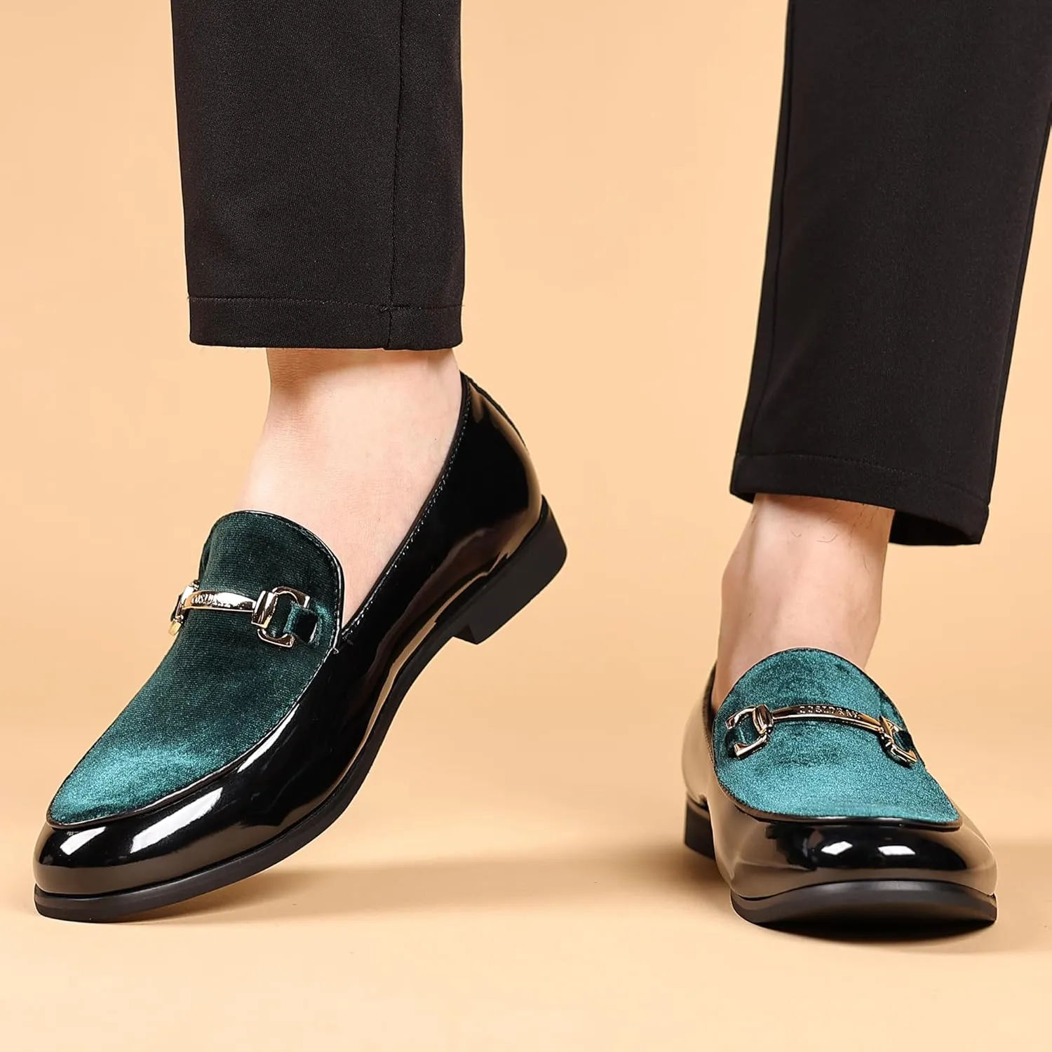 COSIDRAM Men's Casual Shoes Fashion Velvet Patent Leather Loafers Classic Gold Buckle Business Party Shoes
