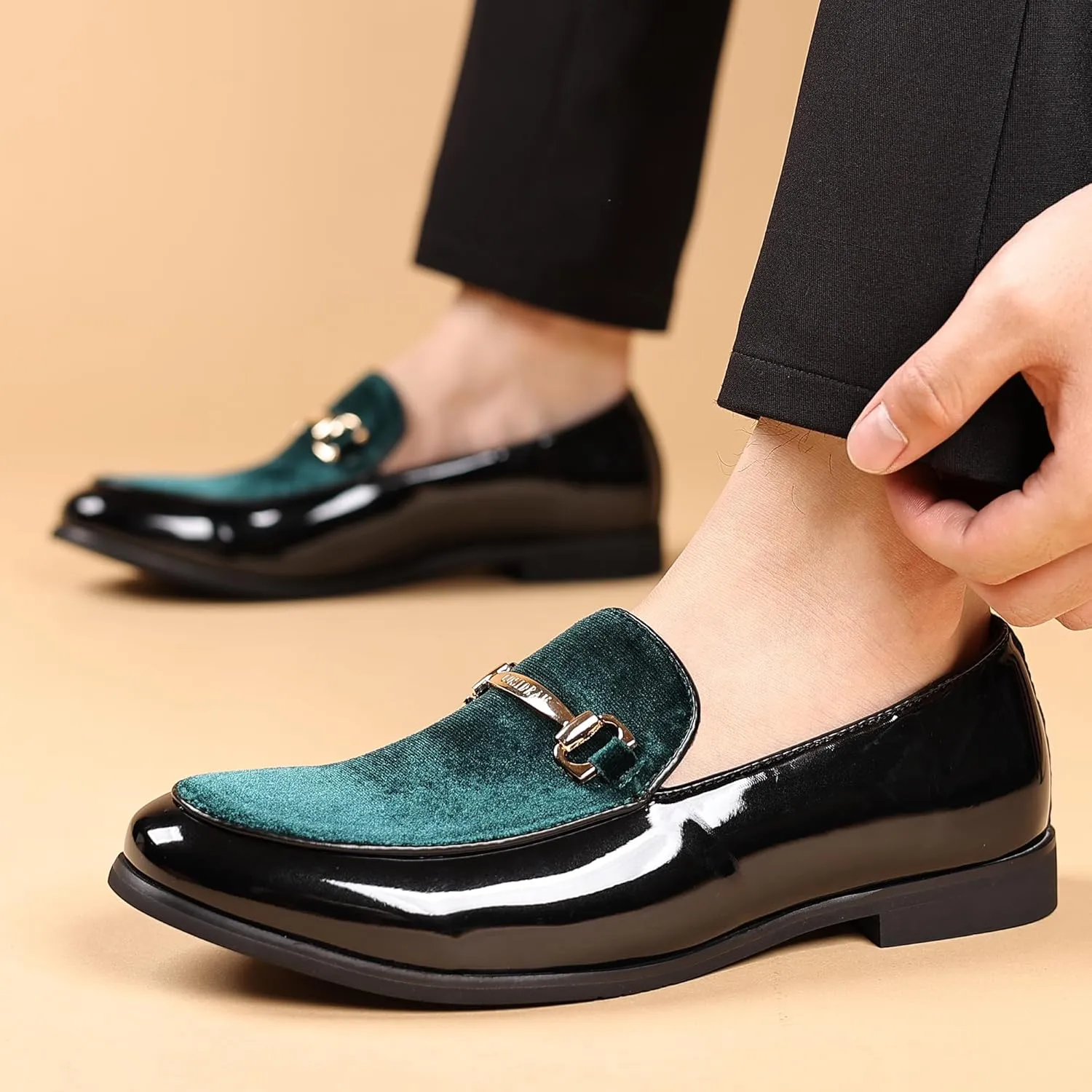 COSIDRAM Men's Casual Shoes Fashion Velvet Patent Leather Loafers Classic Gold Buckle Business Party Shoes