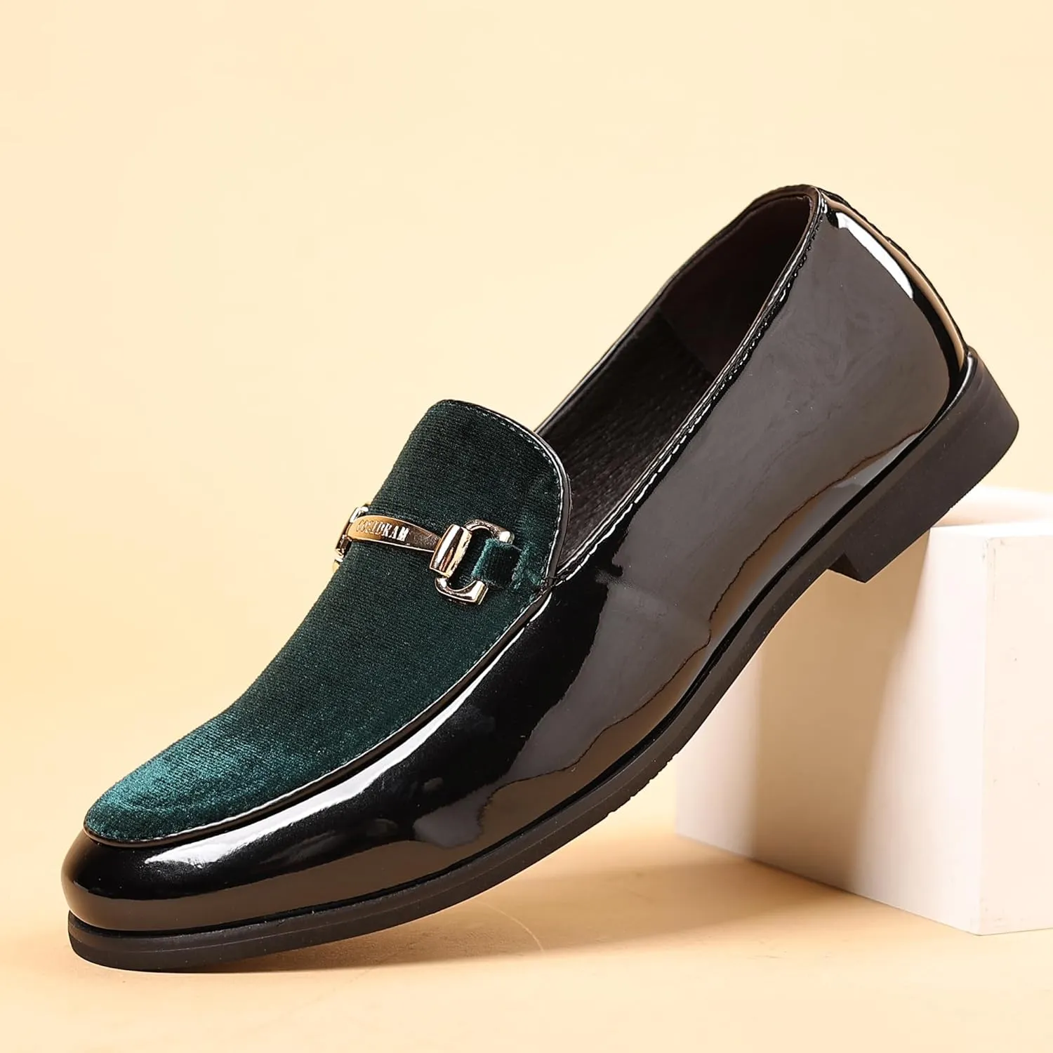 COSIDRAM Men's Casual Shoes Fashion Velvet Patent Leather Loafers Classic Gold Buckle Business Party Shoes