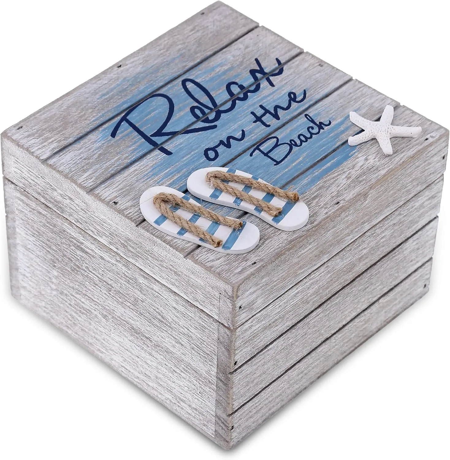 CoTa Global Aqua Sky Relax Wooden Box - Large Handcrafted Nautical Trinket with Sandals and Starfish Decoration, Accent Tabletop Home Decor, Beach Jewelry Store Organizer