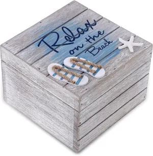 CoTa Global Aqua Sky Relax Wooden Box - Large Handcrafted Nautical Trinket with Sandals and Starfish Decoration, Accent Tabletop Home Decor, Beach Jewelry Store Organizer