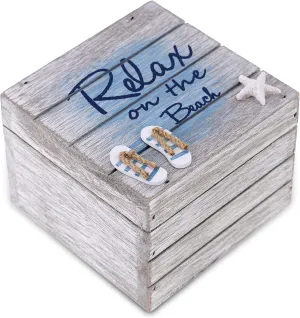 CoTa Global Aqua Sky Relax Wooden Box - Medium Handcrafted Nautical Trinket with Sandals and Starfish Decoration, Accent Tabletop Home Decor, Beach Jewelry Store Organizer