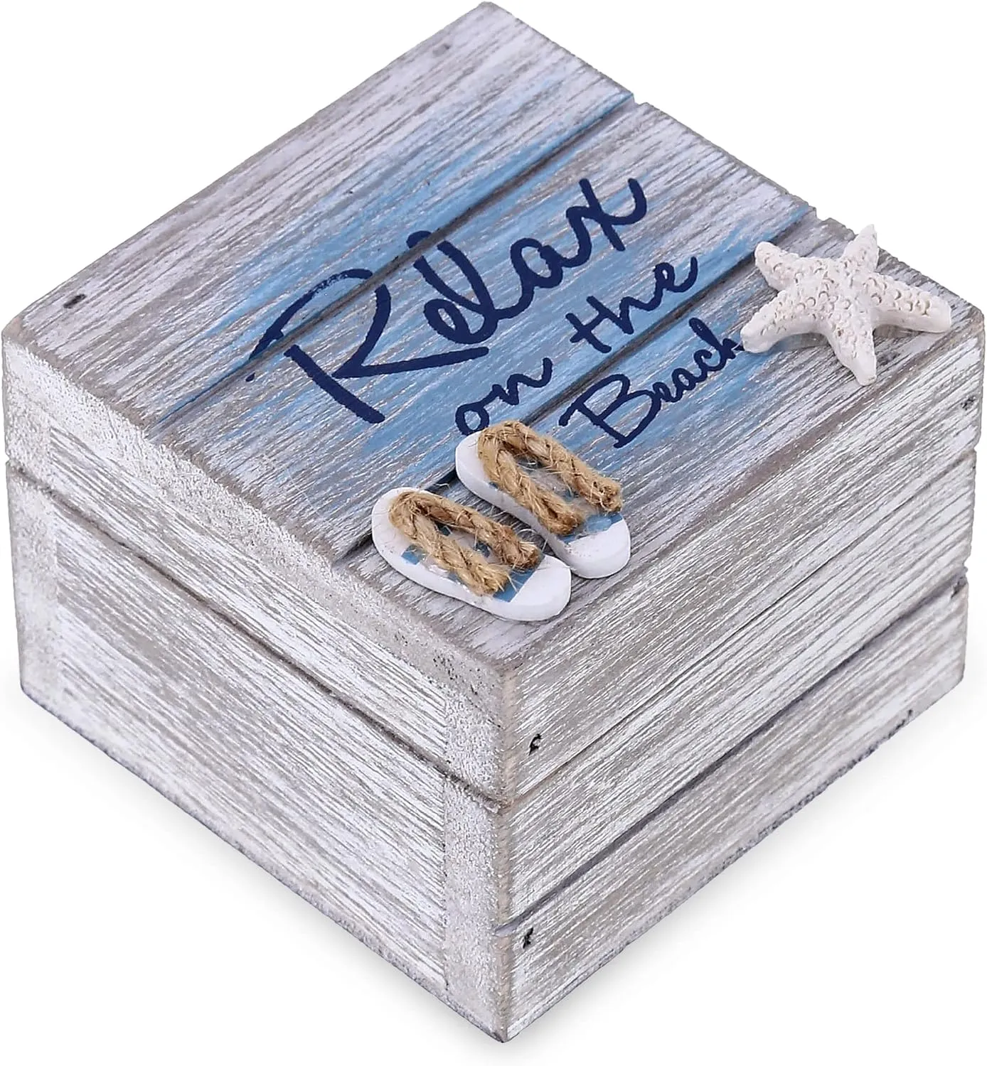 CoTa Global Aqua Sky Relax Wooden Box - Small Handcrafted Nautical Trinket with Sandals and Starfish Decoration, Accent Tabletop Home Decor, Beach Jewelry Store Organizer