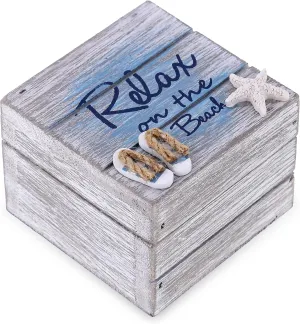 CoTa Global Aqua Sky Relax Wooden Box - Small Handcrafted Nautical Trinket with Sandals and Starfish Decoration, Accent Tabletop Home Decor, Beach Jewelry Store Organizer