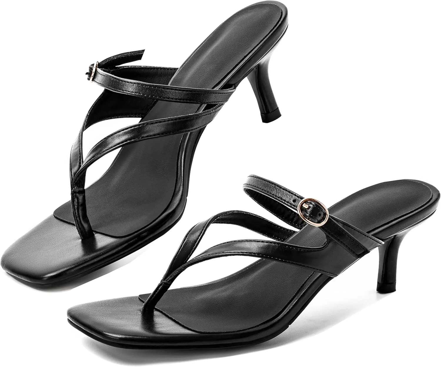 CouieCuies Women Kitten Heels Sandals Square Open Toe Flip Flop Heels Black thong Low heels Widths Adjustable