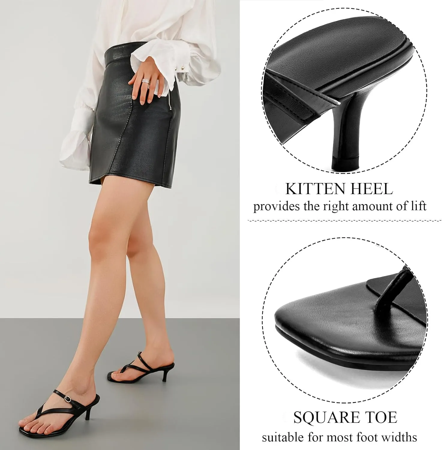 CouieCuies Women Kitten Heels Sandals Square Open Toe Flip Flop Heels Black thong Low heels Widths Adjustable