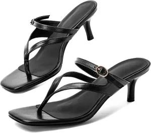 CouieCuies Women Kitten Heels Sandals Square Open Toe Flip Flop Heels Black thong Low heels Widths Adjustable