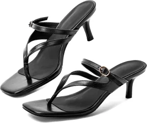 CouieCuies Women Kitten Heels Sandals Square Open Toe Flip Flop Heels Black thong Low heels Widths Adjustable