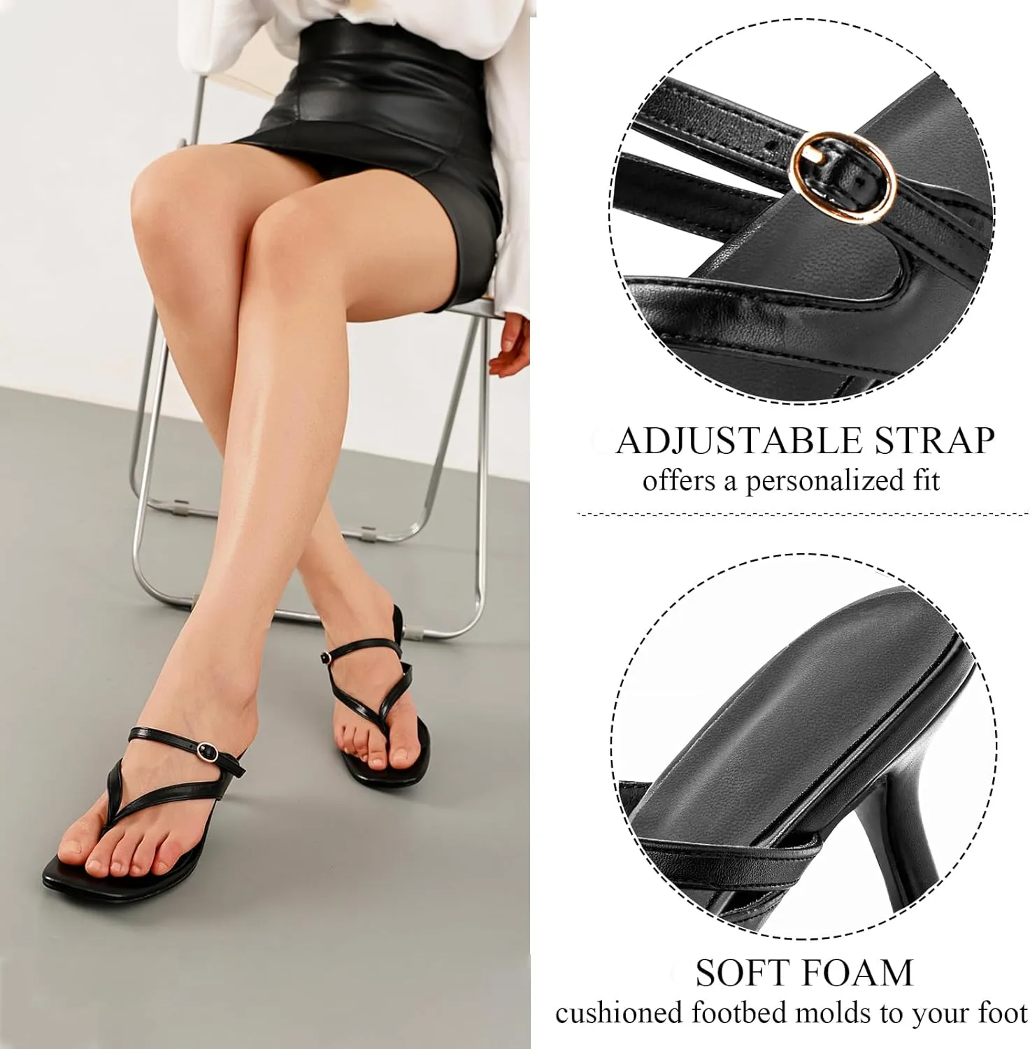 CouieCuies Women Kitten Heels Sandals Square Open Toe Flip Flop Heels Black thong Low heels Widths Adjustable