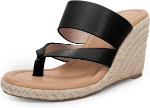 Coutgo Women's Espadrille Wedge Sandals Platform Thong Leather Strap Slides Backless Slip On Summer Casual Flip Flops