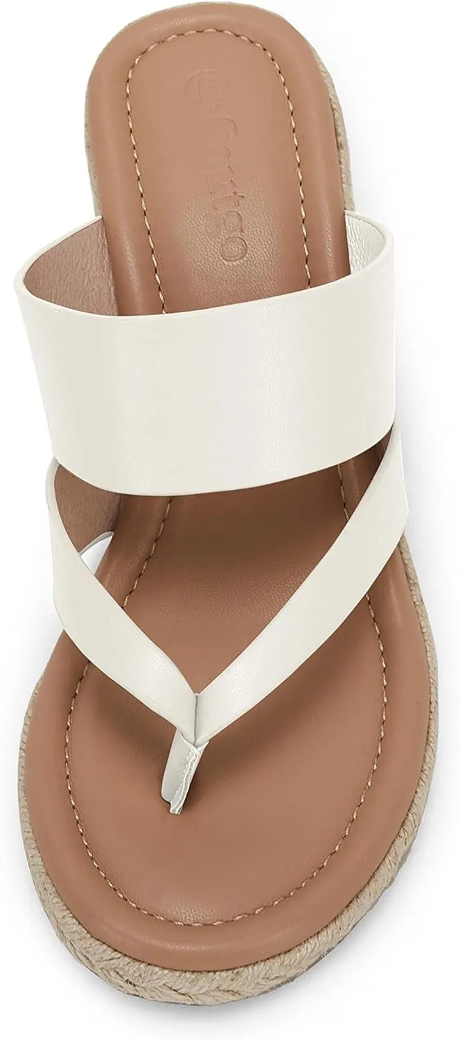Coutgo Women's Espadrille Wedge Sandals Platform Thong Leather Strap Slides Backless Slip On Summer Casual Flip Flops
