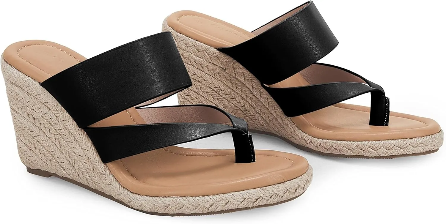Coutgo Women's Espadrille Wedge Sandals Platform Thong Leather Strap Slides Backless Slip On Summer Casual Flip Flops