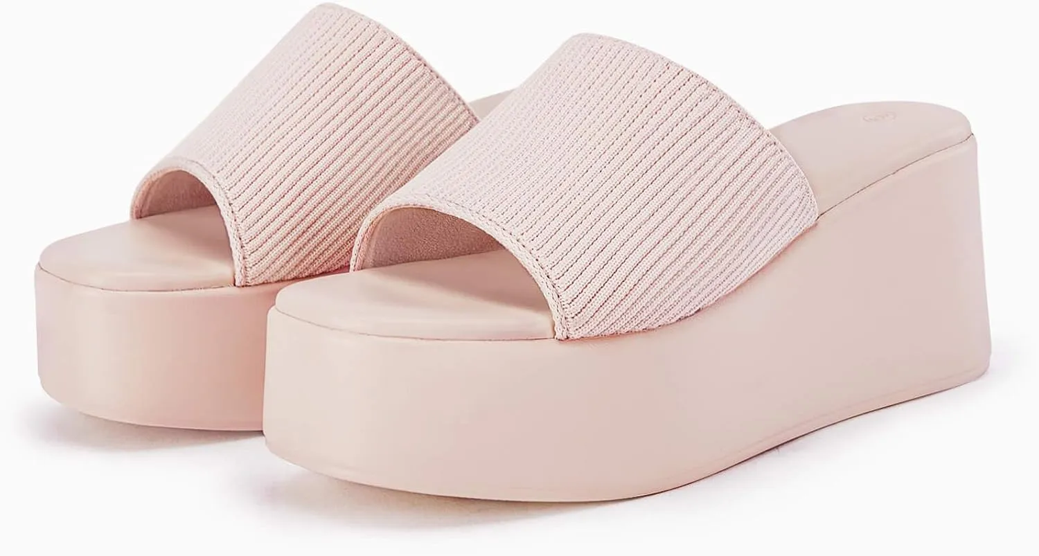 Coutgo Womens Platform Slides Sandals Square Open Toe Slip On Elastic Band Casual Lightweight Wedge Shoes