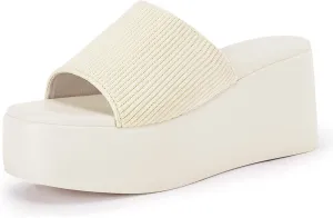 Coutgo Womens Platform Slides Sandals Square Open Toe Slip On Elastic Band Casual Lightweight Wedge Shoes