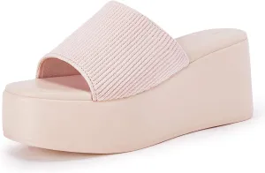 Coutgo Womens Platform Slides Sandals Square Open Toe Slip On Elastic Band Casual Lightweight Wedge Shoes
