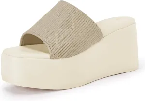 Coutgo Womens Platform Slides Sandals Square Open Toe Slip On Elastic Band Casual Lightweight Wedge Shoes