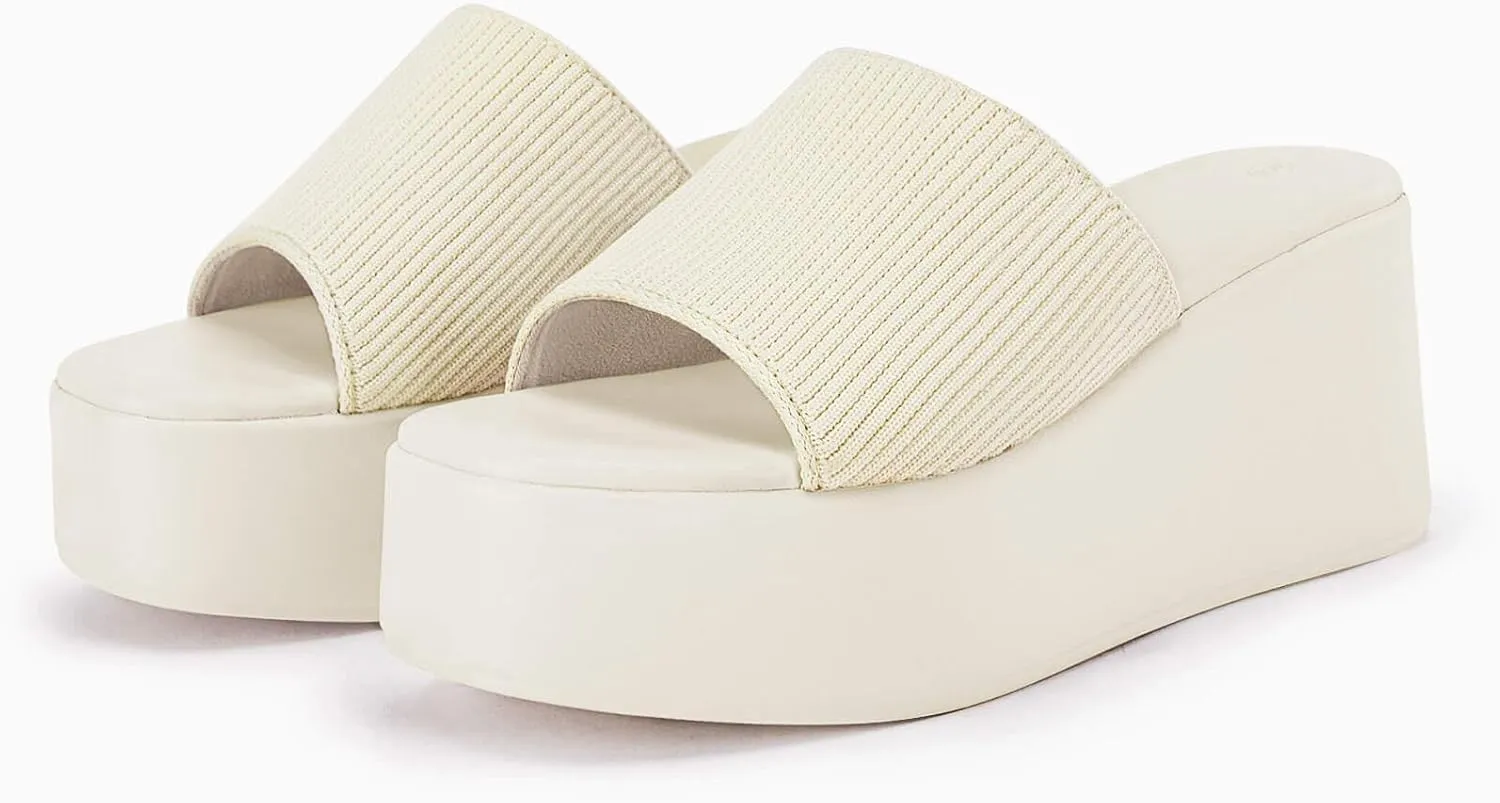 Coutgo Womens Platform Slides Sandals Square Open Toe Slip On Elastic Band Casual Lightweight Wedge Shoes